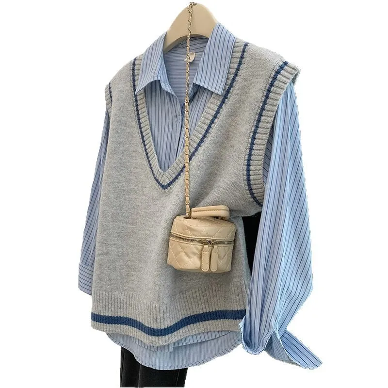 سترة محبوكة على الطراز الكوري الرمادي للنساء، للربيع والخريف، الخريف والشتاء، سترة بدون أكمام، قميص بطبقات من قطعتين