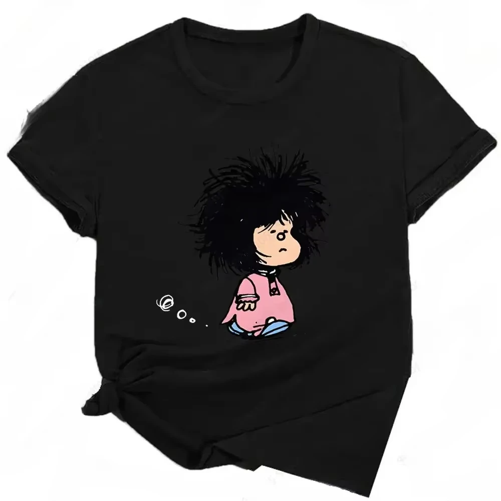 

Новинка 202, забавные футболки с принтом Mafalda, женские летние футболки в стиле Харадзюку для девочек, уличная одежда с милым рисунком Kawaii, черная женская одежда