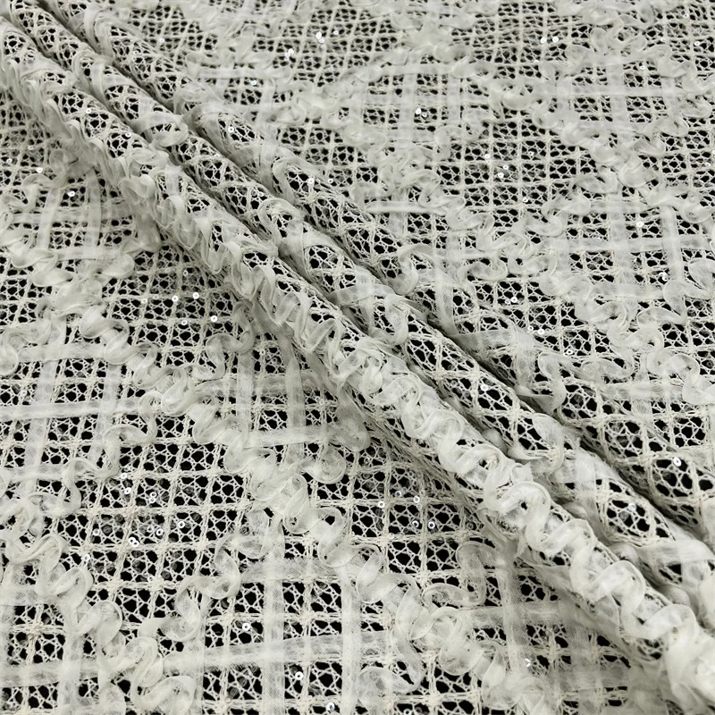 French fashion new product: 3D three-dimensional lace mesh and sequined fabric for women's wear with checkered ribbon embroidery