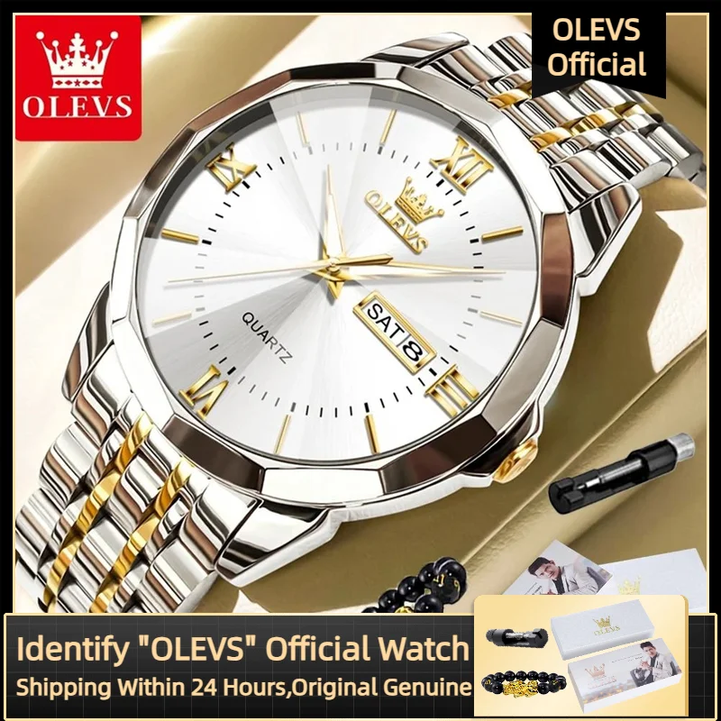 OLEVS 9989 Men's Watch Classic Prism Mirror Mirror Waterproof Dual Calendar Fashion Business Watch Luxury Brand Quartz Men Watch