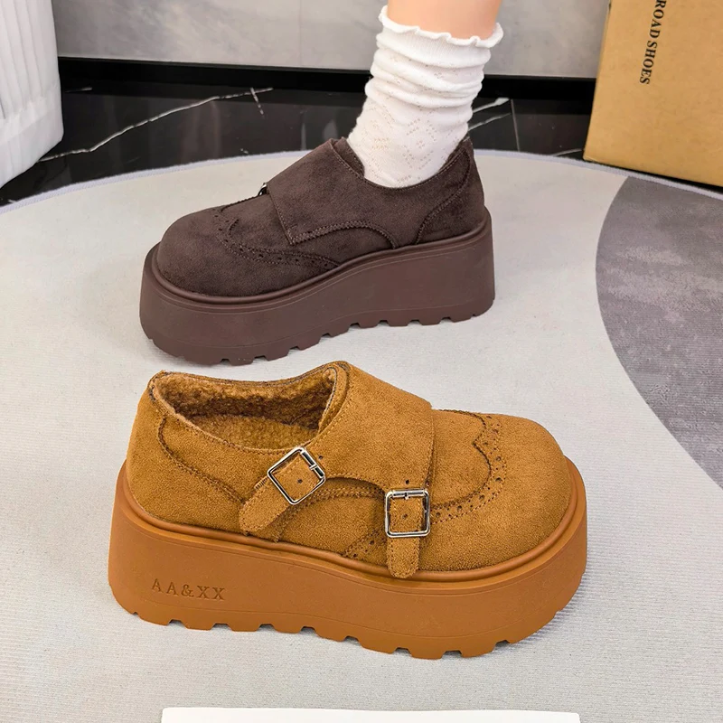 

Women Flats Platform Fur Loafers Shoes Sport Sneaker Winter 2025 Casual Warm Cotton Shoes Suede Walking Shoes Buckle Zapatos