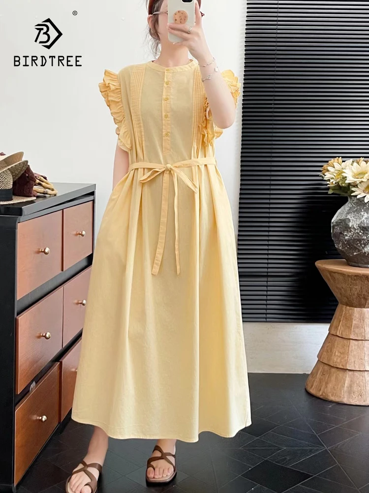 

New 2026 Summer Women Cotton Flying Sleeve Dresses, O Neck Ruffles, Mori Girl Sweer Preppy Style Loose A-line Dress D64660CC
