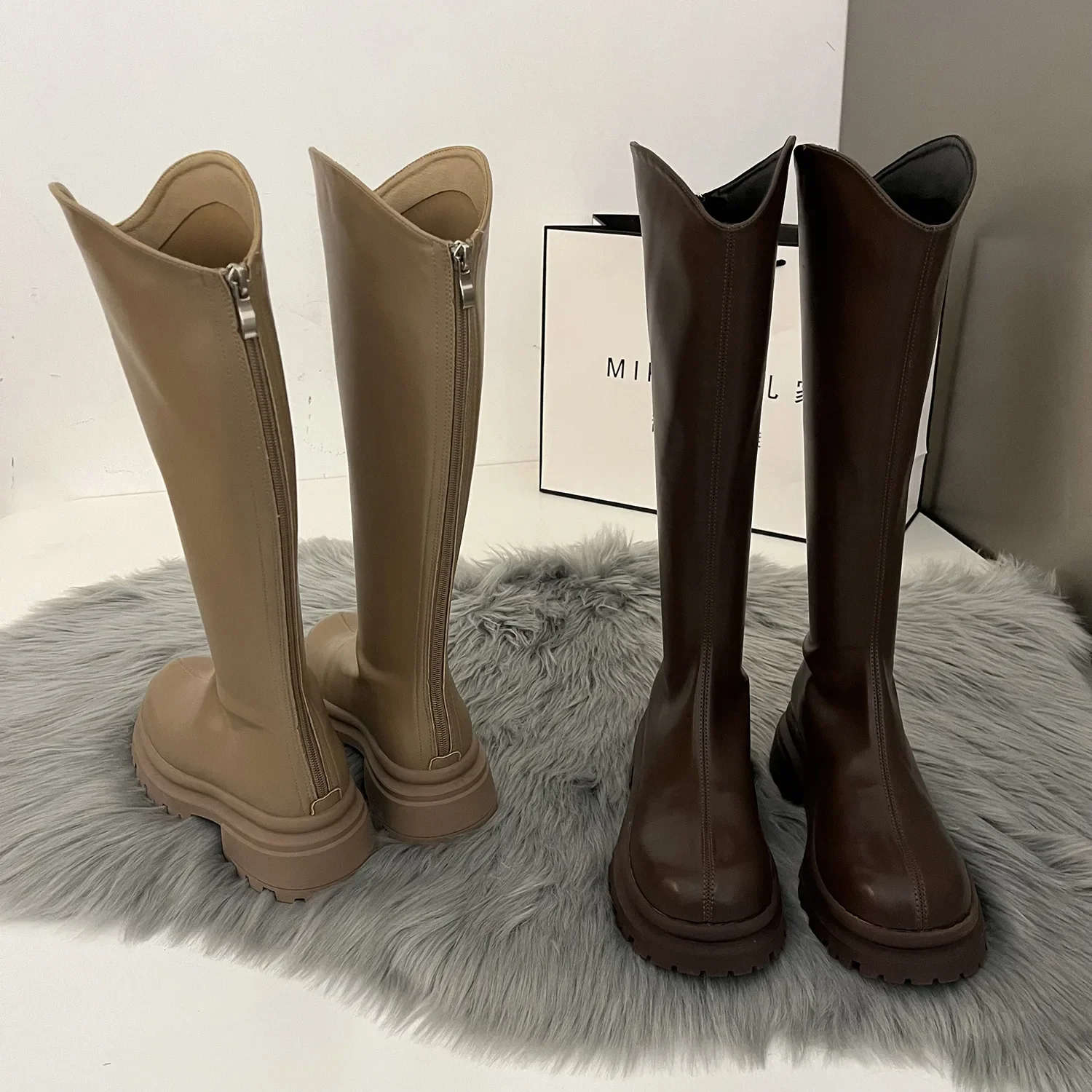 Retro Einfarbige Stiefel Damen Kniehohe Stiefel Mode Rückseitige Reißverschlüsse Ritterstiefel Quadratische Absätze Herbst Winter Damenschuhe – Detail 22