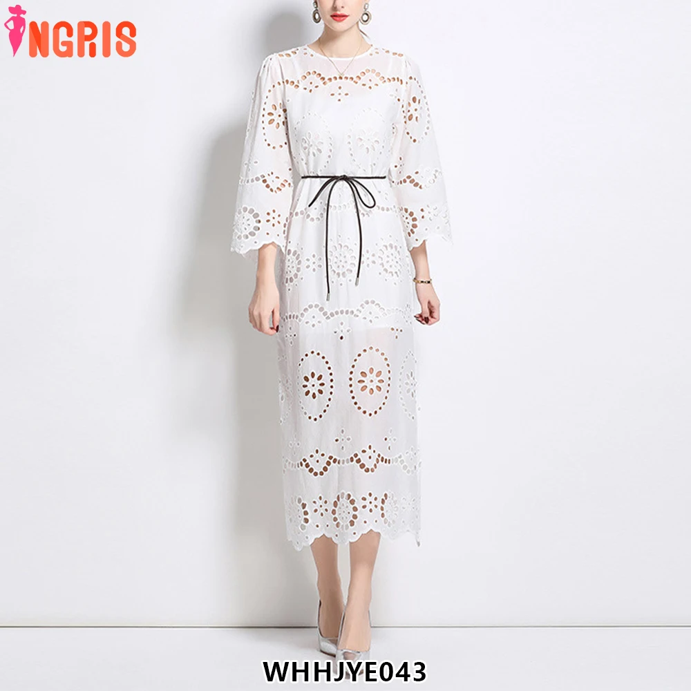 

Spring Summer New Niche Vintage Round Neck Hollowed-out Embroidery Flower Prom Elegant Dresses Ladies Party Dress-WHHJYE043