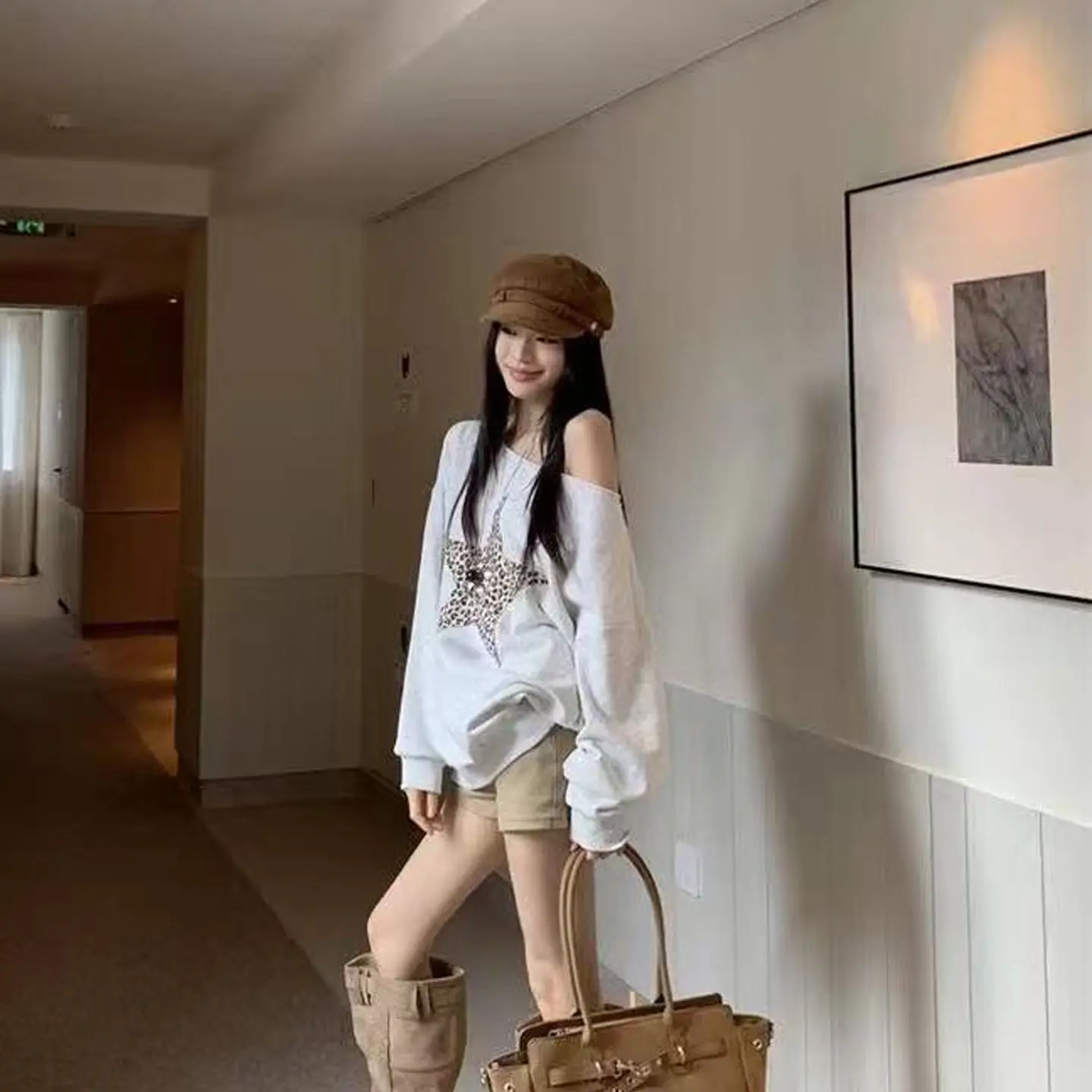 Sudaderas de principios de otoño para mujer, jersey Retro americano con hombros descubiertos, Top de manga larga, Sudadera con capucha con estampado de leopardo