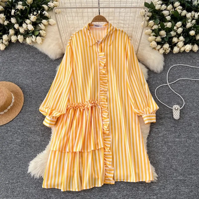 Neploe Niche Pleated Ruffle Edge Striped Dress Femme 2024 Autumn Korean Western-Style Age Reducing Casual Loose Shirt -Vestidos