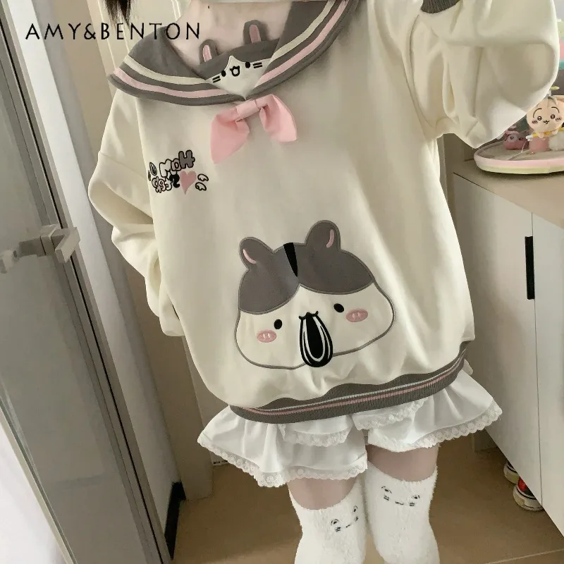 가을 일본식 패치워크 네이비 칼라 만화 자수 애니메이션 달콤한 긴 소매 스웨트셔츠 귀여운 다용도 데일리 루즈 후드티