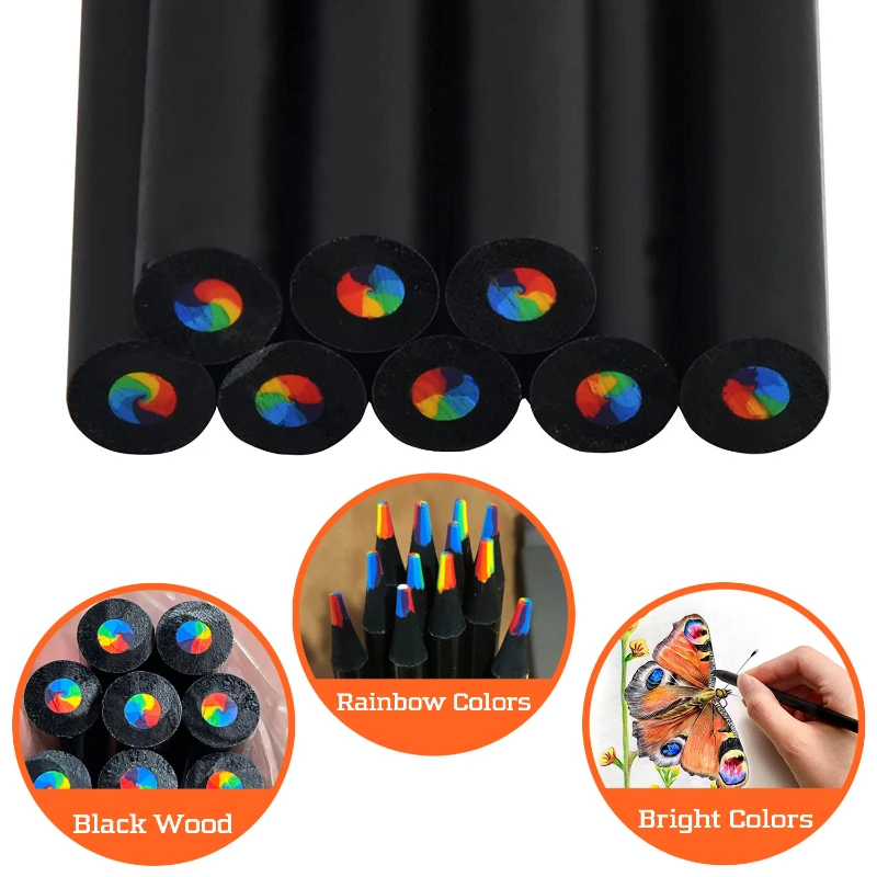 12 Pcs/set of 7-color Black Wood Rainbow Core Colored Pencils for Children's 7-color Same Core Colored Painting Wooden Pencils