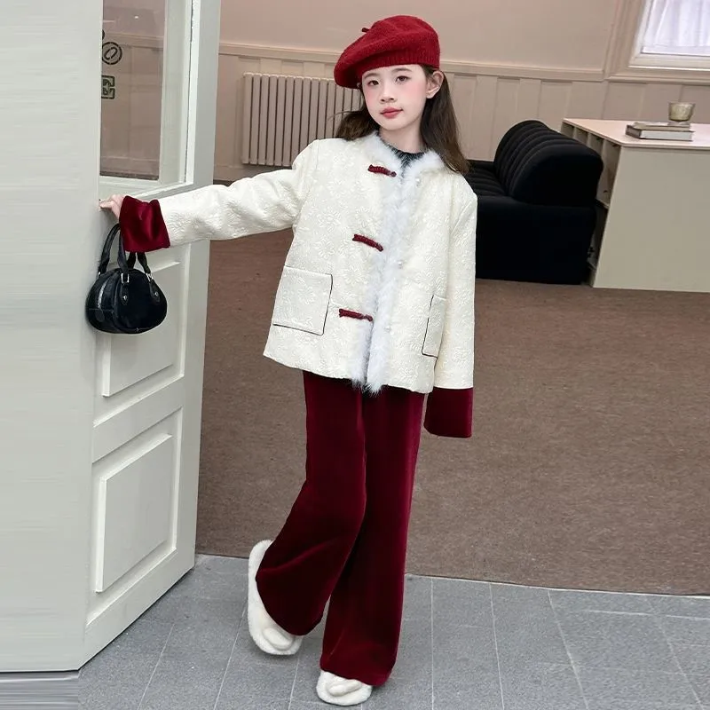 

Girls' New Year's Clothing Set 2026 New Children's Chinese style Tang style Coat Pants Winter Clothing Kids' 2-piece Set LI656