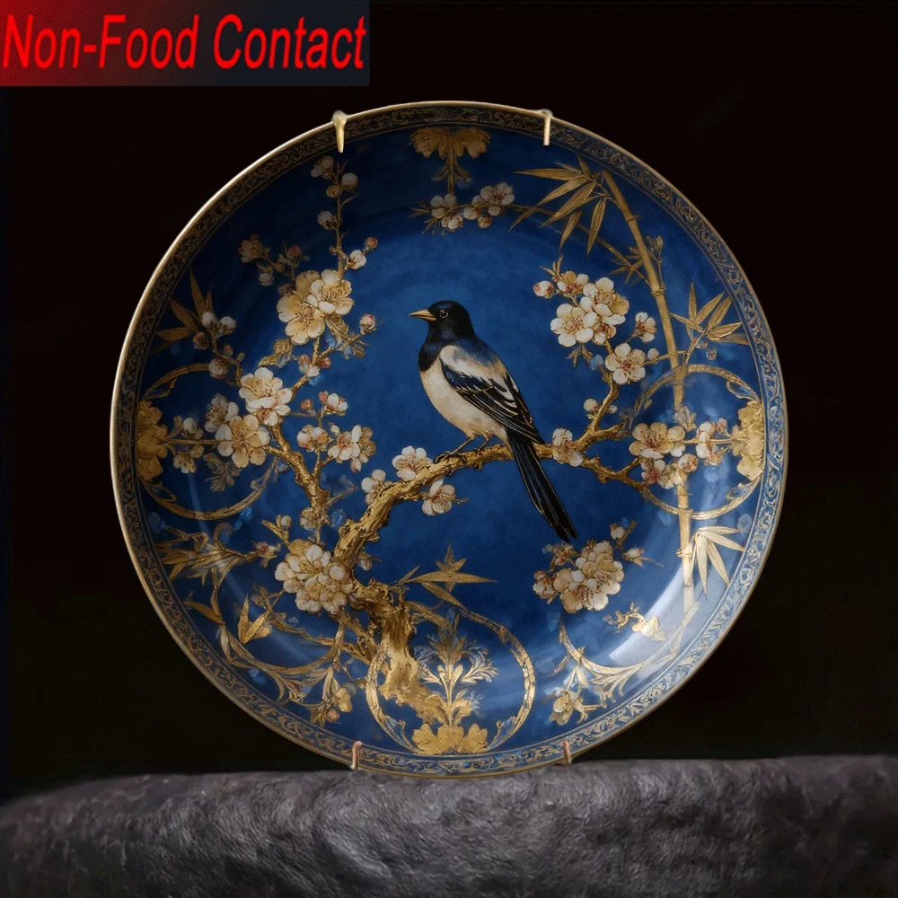 1pc Elegant Blue & Golden Chinese-Inspired Ceramic Decorative Plate - Non-Food Contact Tabletop Ornament with Black & Bird &