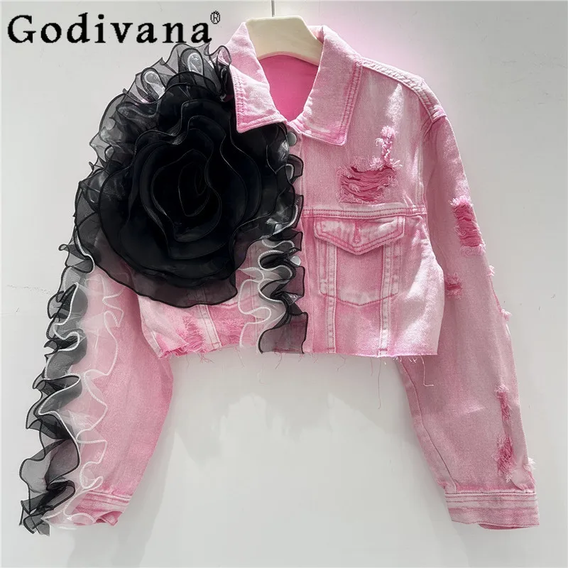 

Three-dimensional Flower Fashion Ruffles Short Ripped Denim Jacket Spring Autumn Long Sleeve Turn-down Collar Loose Women's Top