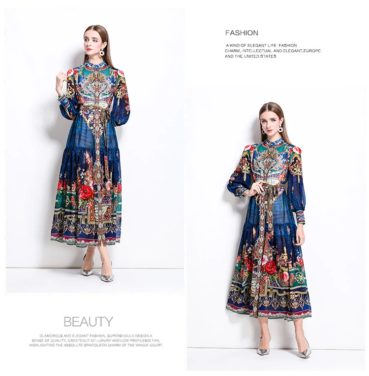 ZAROY Luxury Party A-line Chiffon Dress Vintage Baroque Print Elegant Lantern Sleeve Long Dress Fashion Boho Belt Beach Vestidos
