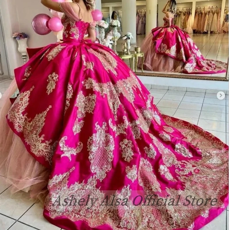 Maßgeschneiderte fuchsia rosa süße 16-jährige Quinceanera-Kleider für Mädchen, schulterfrei, Perlenapplikation, Abschlussball, Vestido de la Princesa Jasmine de