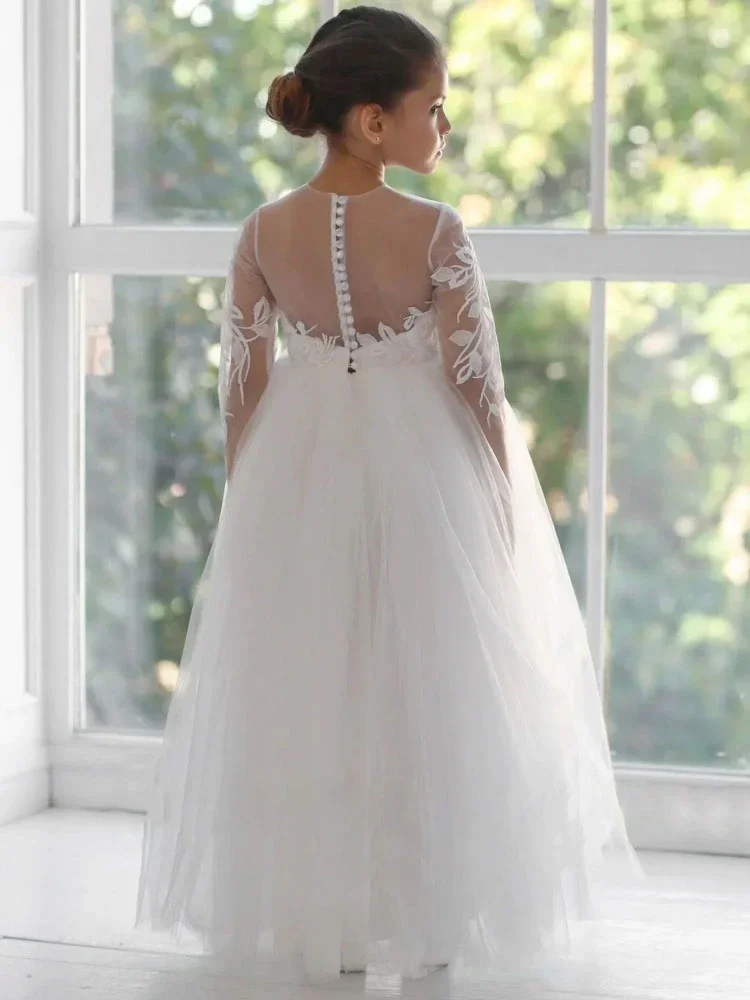 Vestidos blancos de tul con flores para niña, apliques de manga larga para boda, cumpleaños, graduación, banquete, vestidos de comunión personalizados