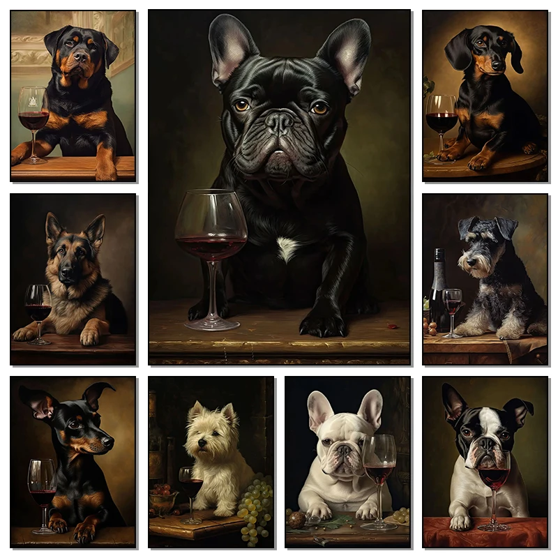 Cute French Bulldog German Shepherd with Wine Dog Portrait Poster Print Canvas Painting Funny Pet Wall Art for Living Room Decor