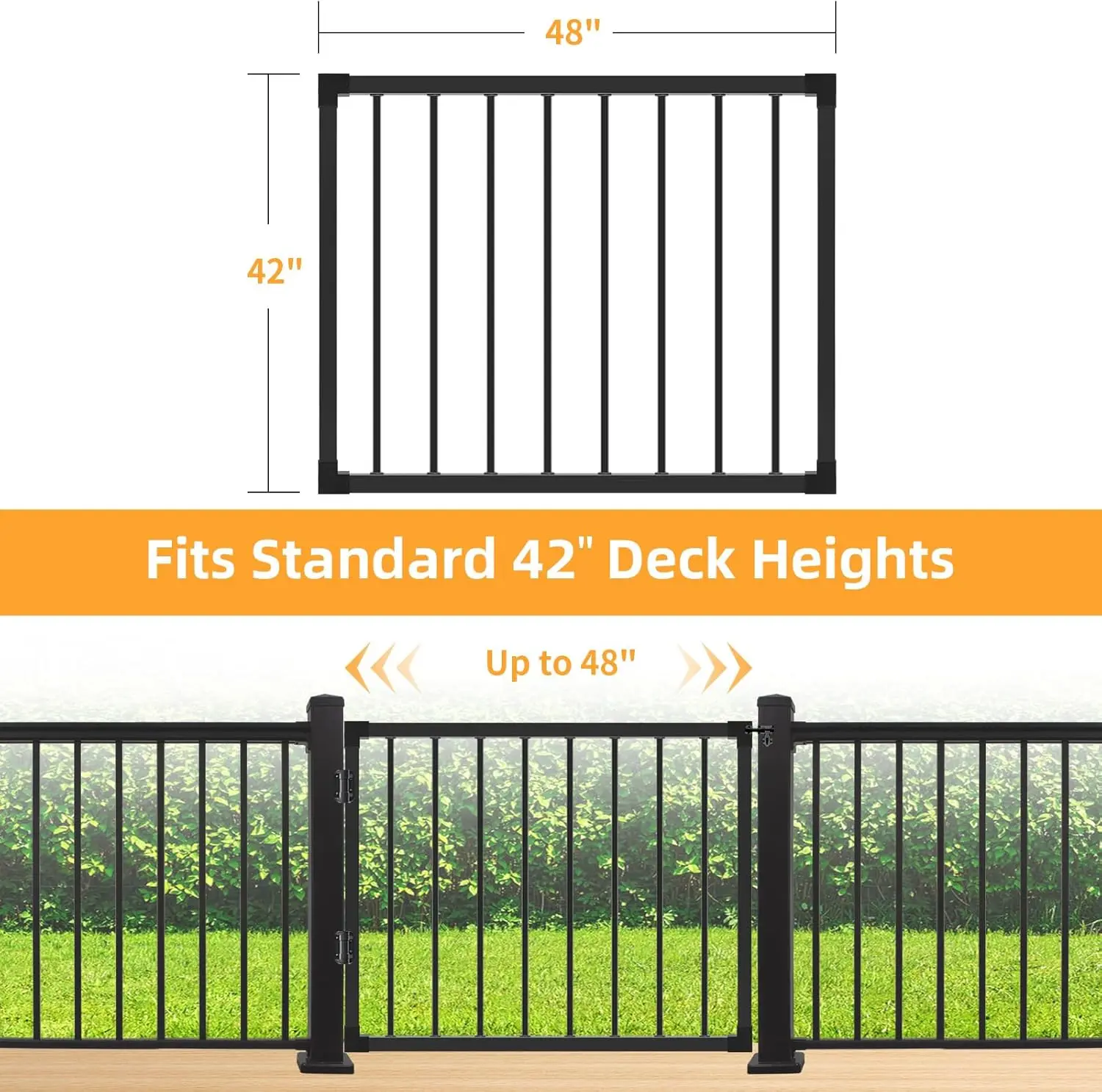 بوابة سياج سطح السفينة في الهواء الطلق، بوابة سطح السفينة 42 بوصة ارتفاع × 48 بوصة عرض أسود عالي التحمل مضاد للصدأ مع عرض قابل للتخصيص، بوابة معدنية لإعادة الإعادة #2