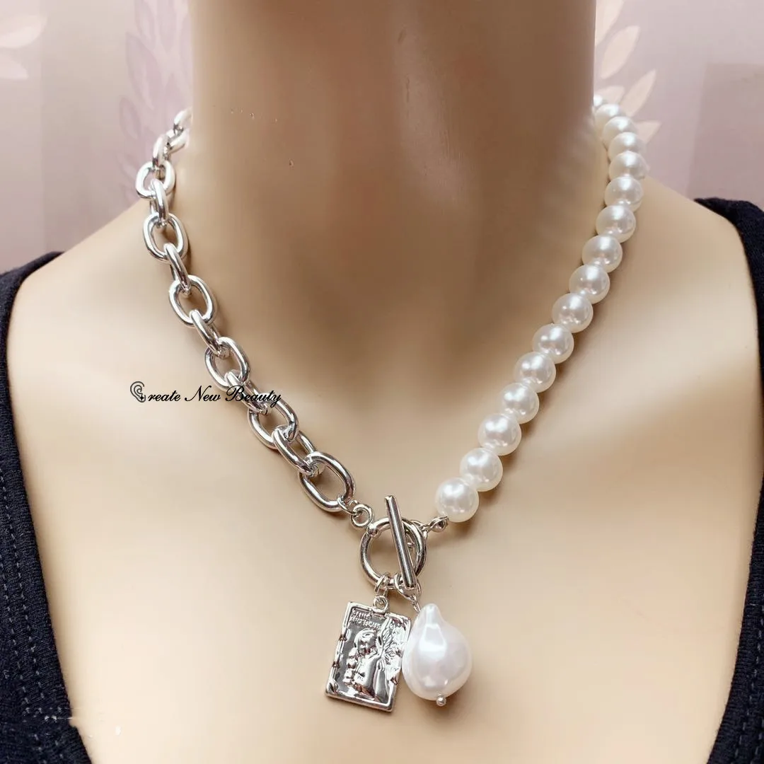 Copper Snake Chain Baroque Pearl Portrait Square Necklace For Women Trendy Multi-Layer Crystal Pendant Necklace Set Jewelry Gift