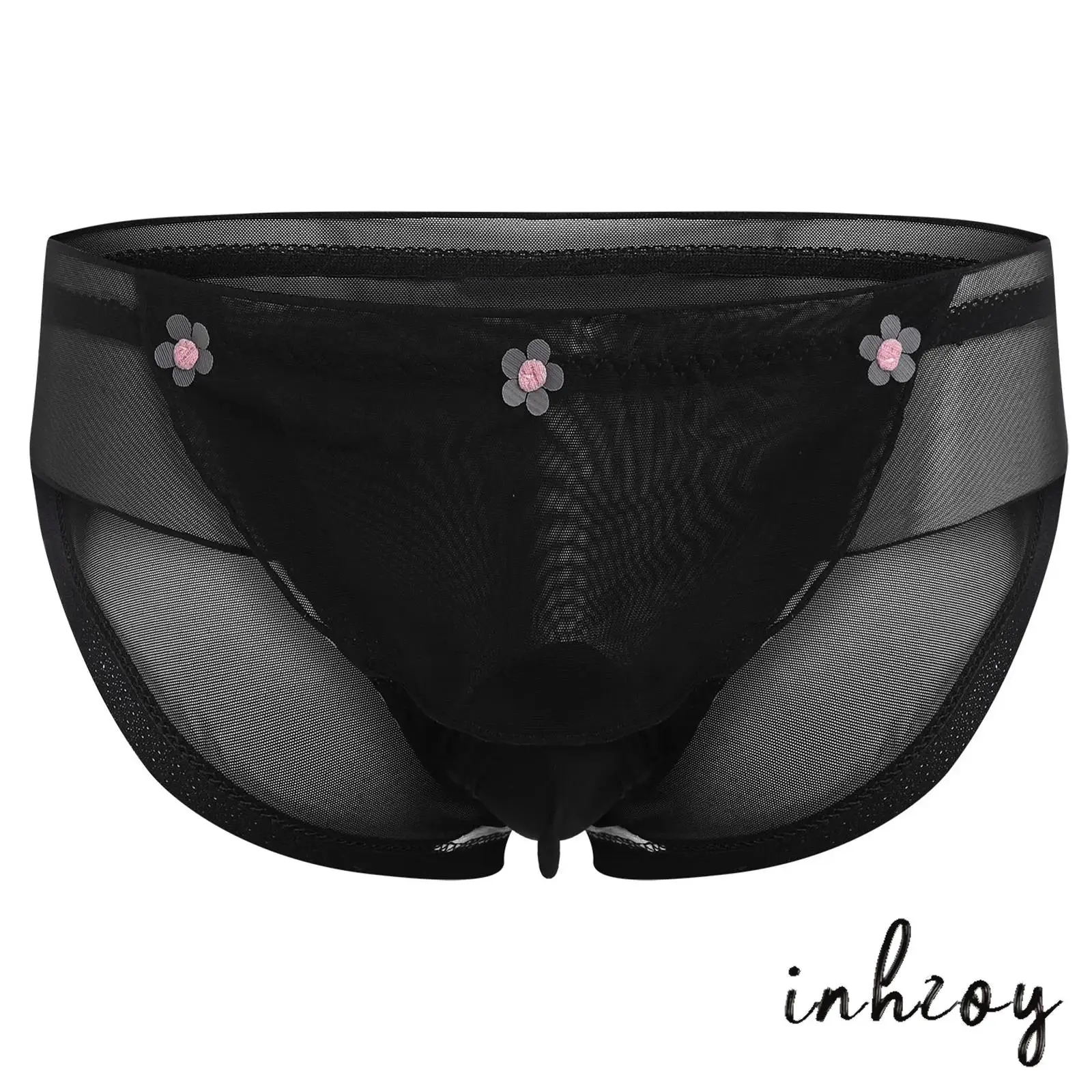 

Mens Sissy Mesh Panties Ruffled Trim Flower Applique Bulge Pouch Sheer Briefs Japanese Sweetheart Style Underwear Lingerie