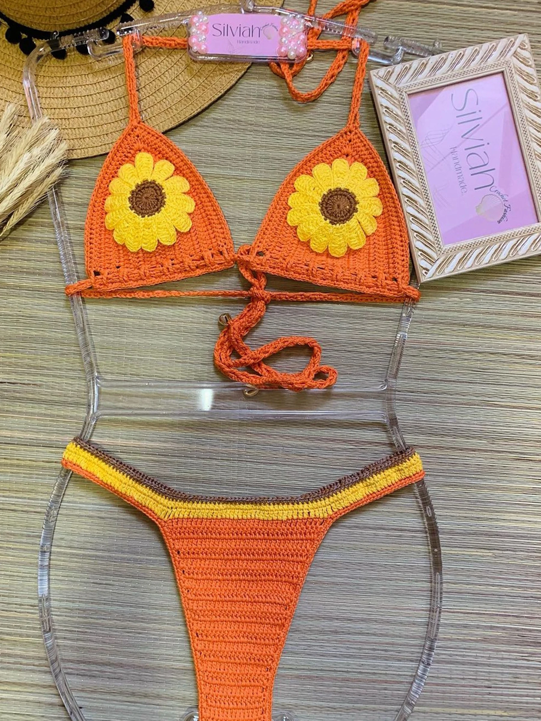 Kobiety szydełkowe zestawy Bikini kobiece Sexy kwiat strój kąpielowy regulowany zasznurować Top stroje kąpielowe pomarańczowy i niebieski kolor Boho