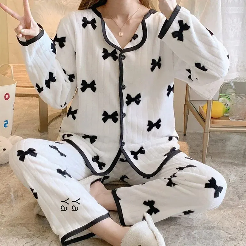 Live Broadcast Winter Open Shirt Velvet Sleepwear Women Cute Sweet Long Sleeve Small Flip Collar Set Home Clothes