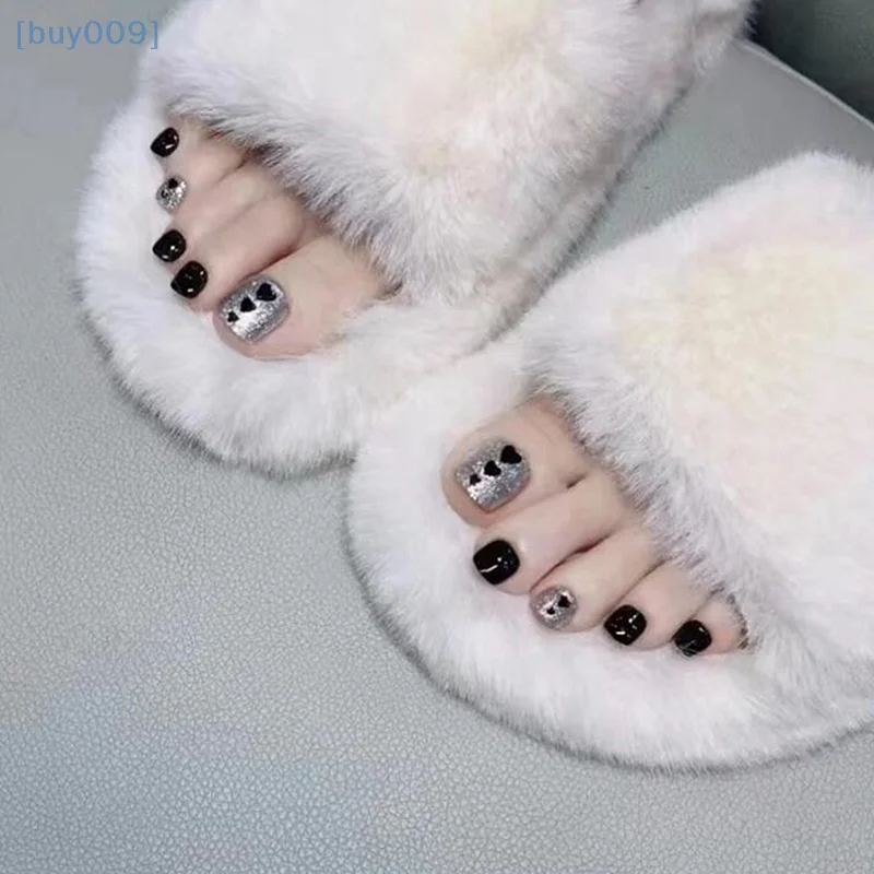 

24 Pcs Black Heart Pattern French Toenails Silver Glitter Press On Nails For Toes Nails Full Cover Wearable Removable False Nail