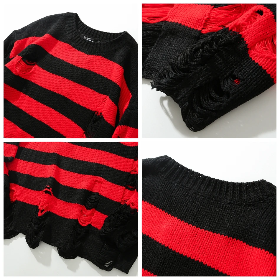 High Street-suéter de rayas rojas y negras para hombre, jersey de cuello redondo con borlas y agujeros rasgados, ropa informal, Retro, Punk, otoño