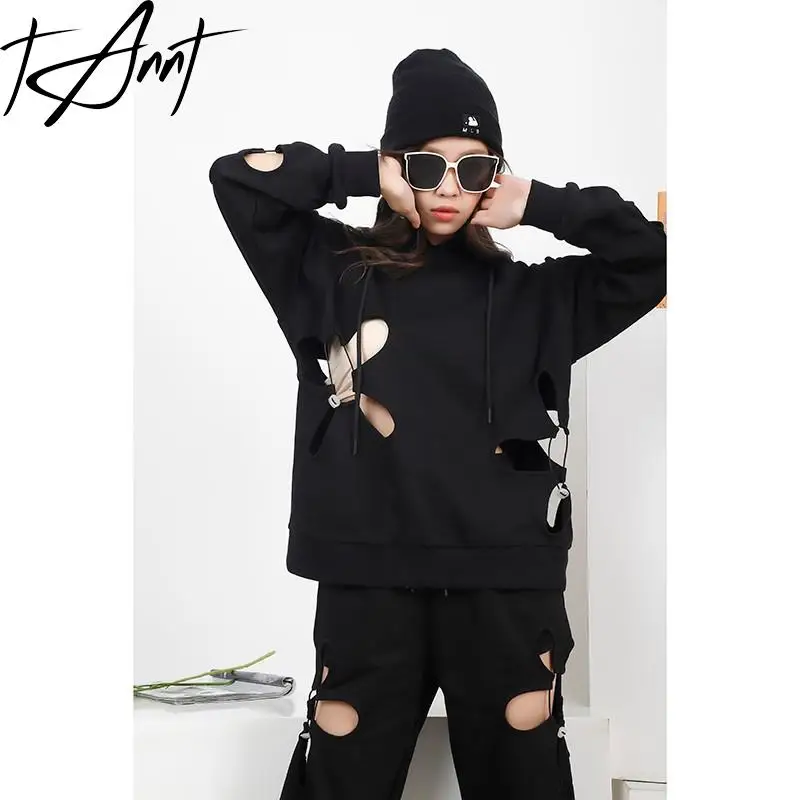 Tannt Women Hoodies Holes Asymmetry Hollow Out Pullovers Sweatshirt Coat Irregular Black Hooded