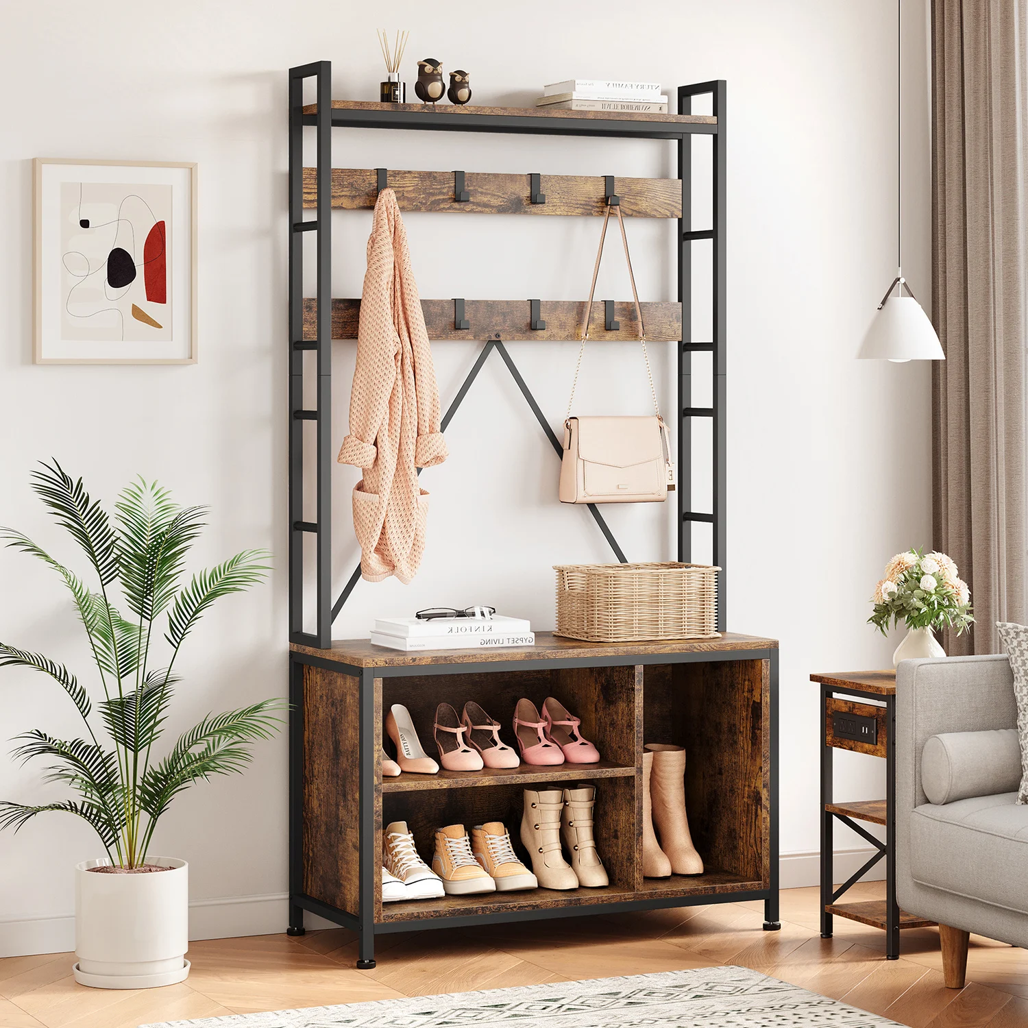 

Hall Tree with Bench Coat Rack, 36.41" Entryway Shoe Bench Coatrack with Hooks, Top Shelf, 5-in-1 Freestanding Storage Organizer