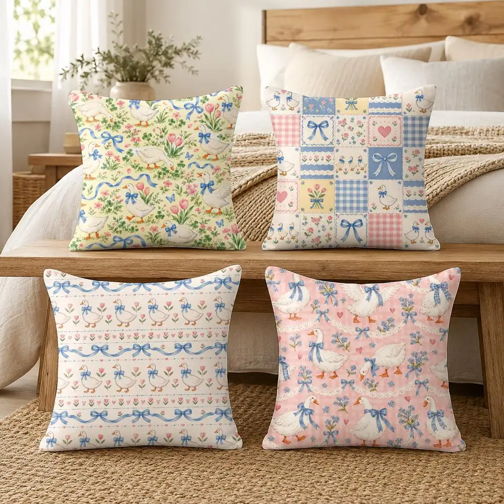 Cute Ducks Ribbon Blue Bow Cushion Cover Soft Short Plush Pillow Cases Hidden Zipper Cutecore Sofa Bedroom Home Decor Gift