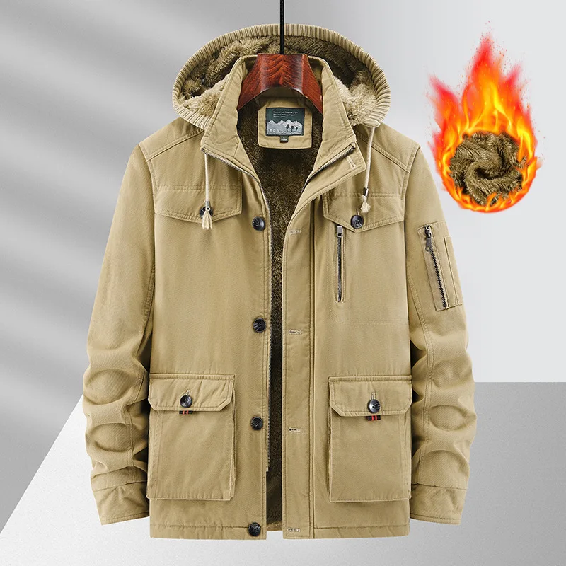 20 ℃ Winter Warm Katoenen Jas Gevoerd Met Fluwelen Verdikte Afneembare Hoed Heren Windjack Multi Pocket Outdoor Werkjack