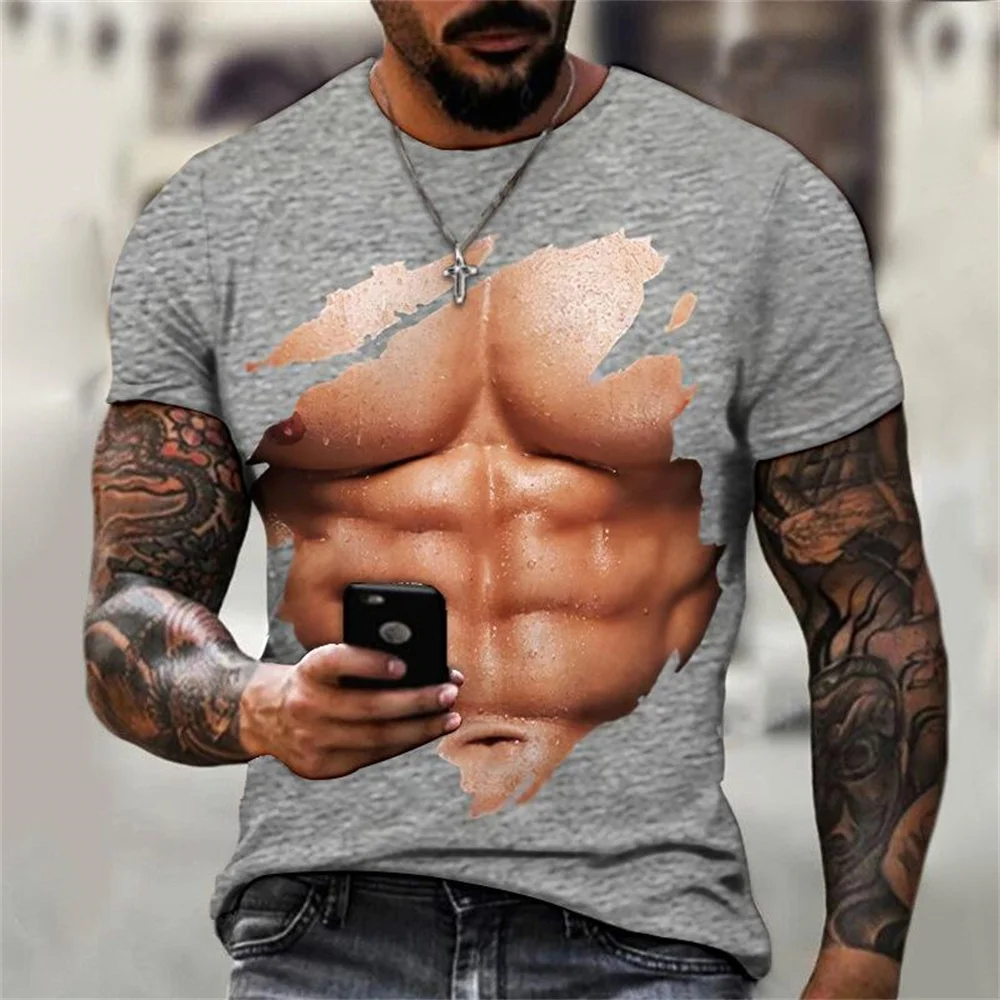 Summer Clothing Men T-shirt  Abstract Funny Pectoral Muscle 3D Print Top Graphic Round Neck T Shirts Streetwear Clothes Oversizd