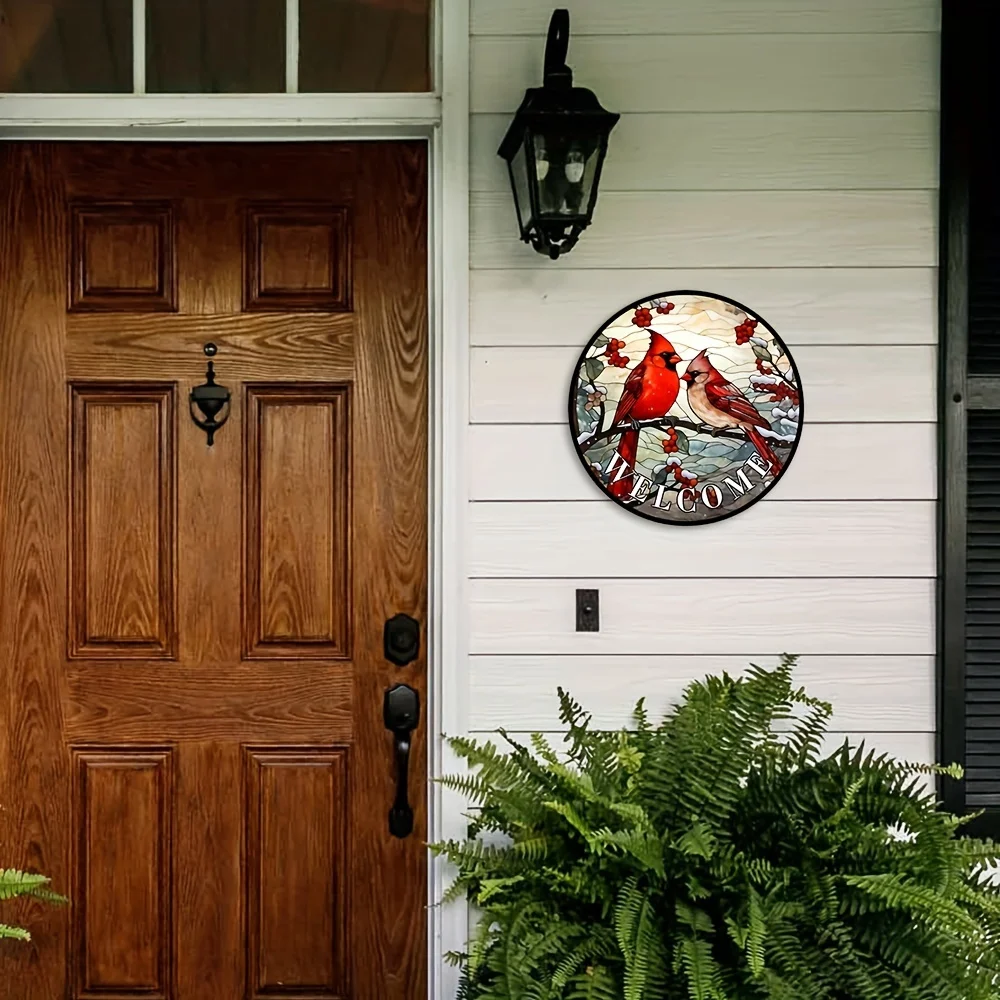 Decorative Signs And Plaques 1pc Rustic Cardinal And Holly Fruit Welcome Wreath Logo - Vintage Style Metal Wall Decor with Stain