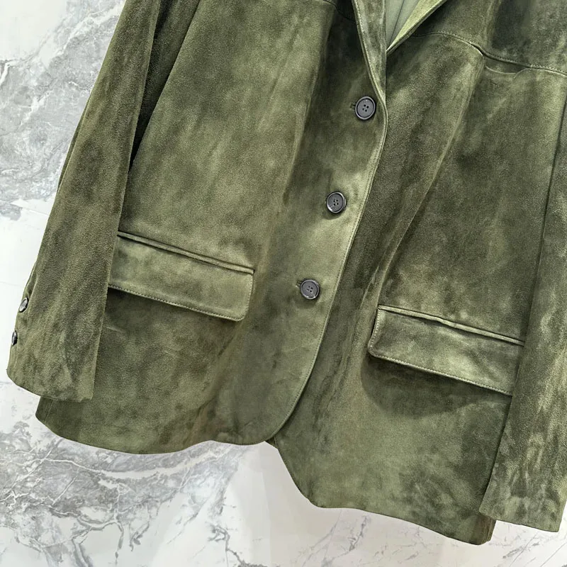 Women Clothes Turn-Down Collar Single-Row Buckle Suit Style Suede Sheepskin Luxurious Leather Jacket Green Loose
