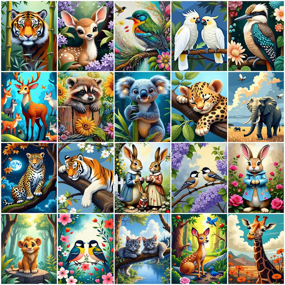 اللوحة الزيتية الرقمية الحيوان الأسد النمر ليوبارد الاكريليك الطلاء أرنب الطلاء حسب عدد الطيور الببغاء الفيل الغزلان القط هدية فريدة من نوعها