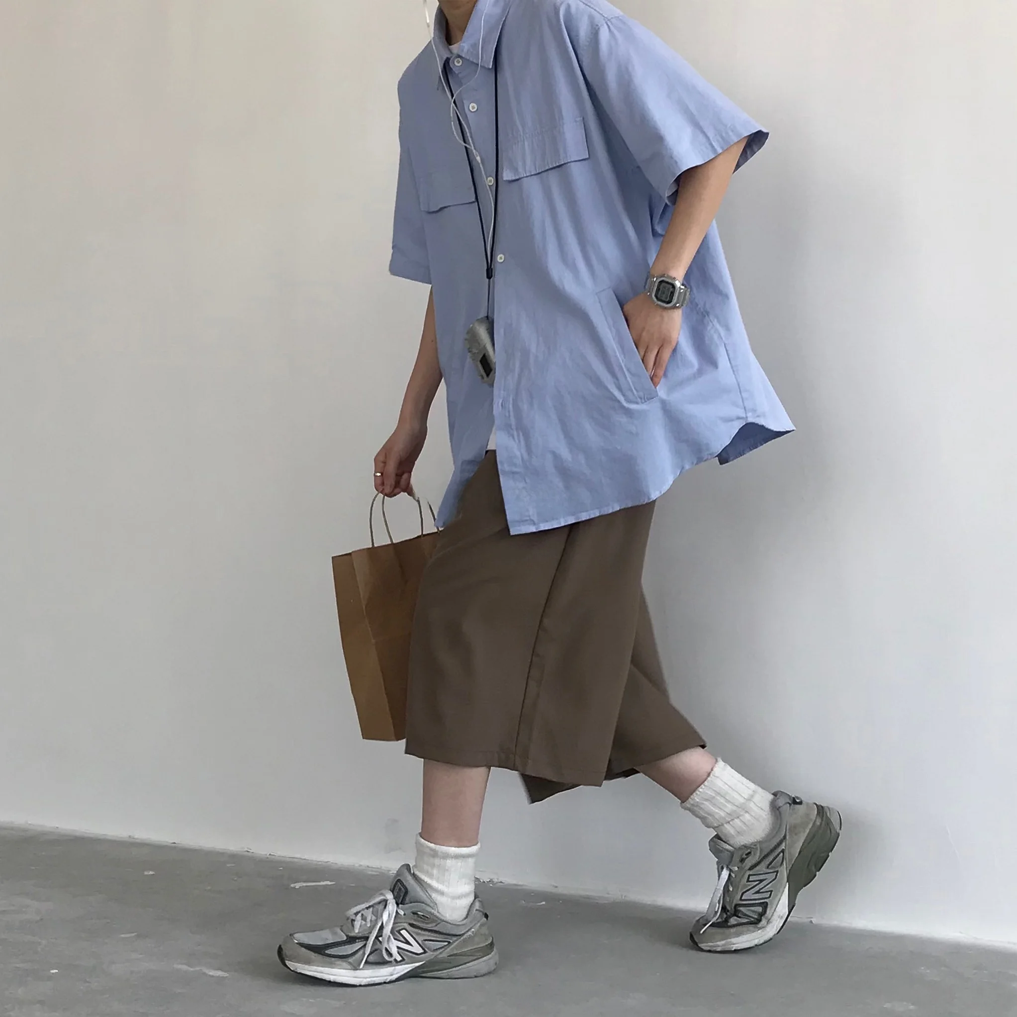 

Summer Thin Short Sleeve Shirt City Boy Style Retro Japanese Simple Workwear Unisex Loose Fit Youth Fashion Pure Color Sharp ...