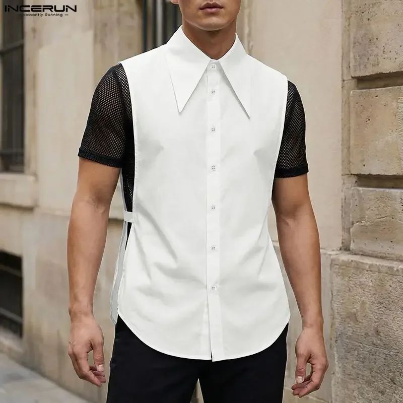 

INCERUN Men's Shirt Solid Color Hollow Out Lapel Sleeveless Camisas Men Clothes Summer Loose Streetwear 2026 Fashion Casual Tops