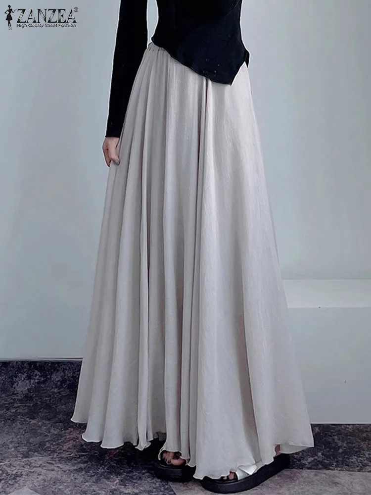 

ZANZEA Summer Solid Maxi Skirt Women High Elastic Waist Swing Faldas 2024 Fashion Pleating Ruffled Jupes Casual Loose Overskirts