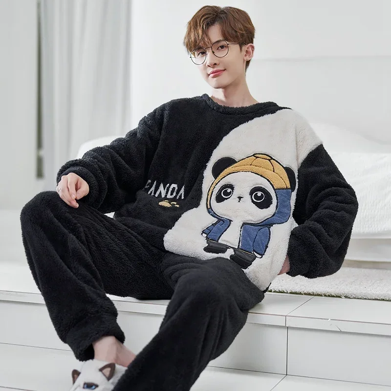 2024 Winter Plus Size Long Sleeve Cute Cartoon Thick Warm Flannel Pajama Sets For Men Loose Sleepwear Suit Homewear Home Clothes