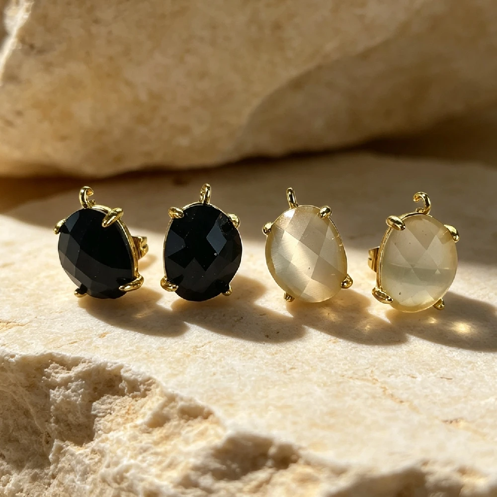 Oval Faceted Mineral Stud Ear Charms Claw Set Stone Open Loop Multi Tone DIY Earring Fitting Golden Plated E2R1059