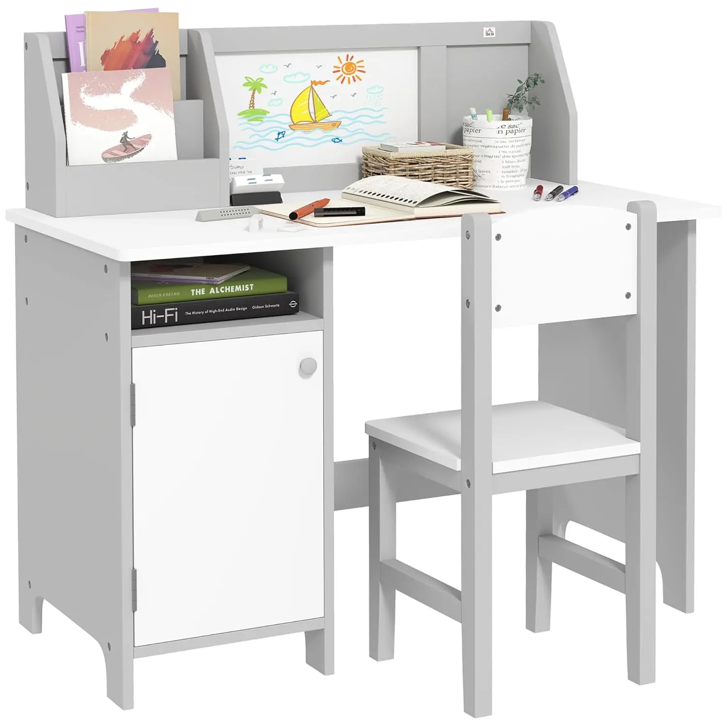 

Toddler Desk and Chair Set, Kids Writing Desk Study Table for Children with Whiteboard, Storage Cabinet, Child Furniture, Art Gi