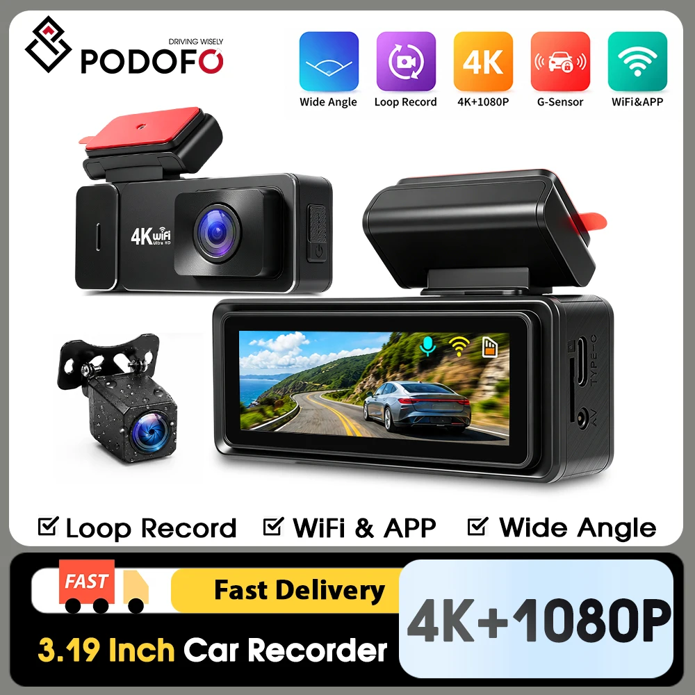 Podofo 3.19 Inch Dual Lens Car Dash Cam 4K Front 1080P Rear Dvr Recorder 170 ° Front 120 ° Rear Wide Angle Wifi G‑Sensor Loop Recording Night Vision Parking Monitor for Vehicle Safety Driving
