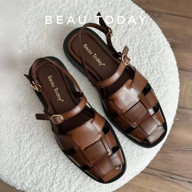 BEAUTODAY sandały gladiatorki kobiety z prawdziwej skóry bydlęcej jednokolorowy pokrowiec klamry ozdoby metalowe letnie damskie ręcznie robione buty na płaskim obcasie 32406