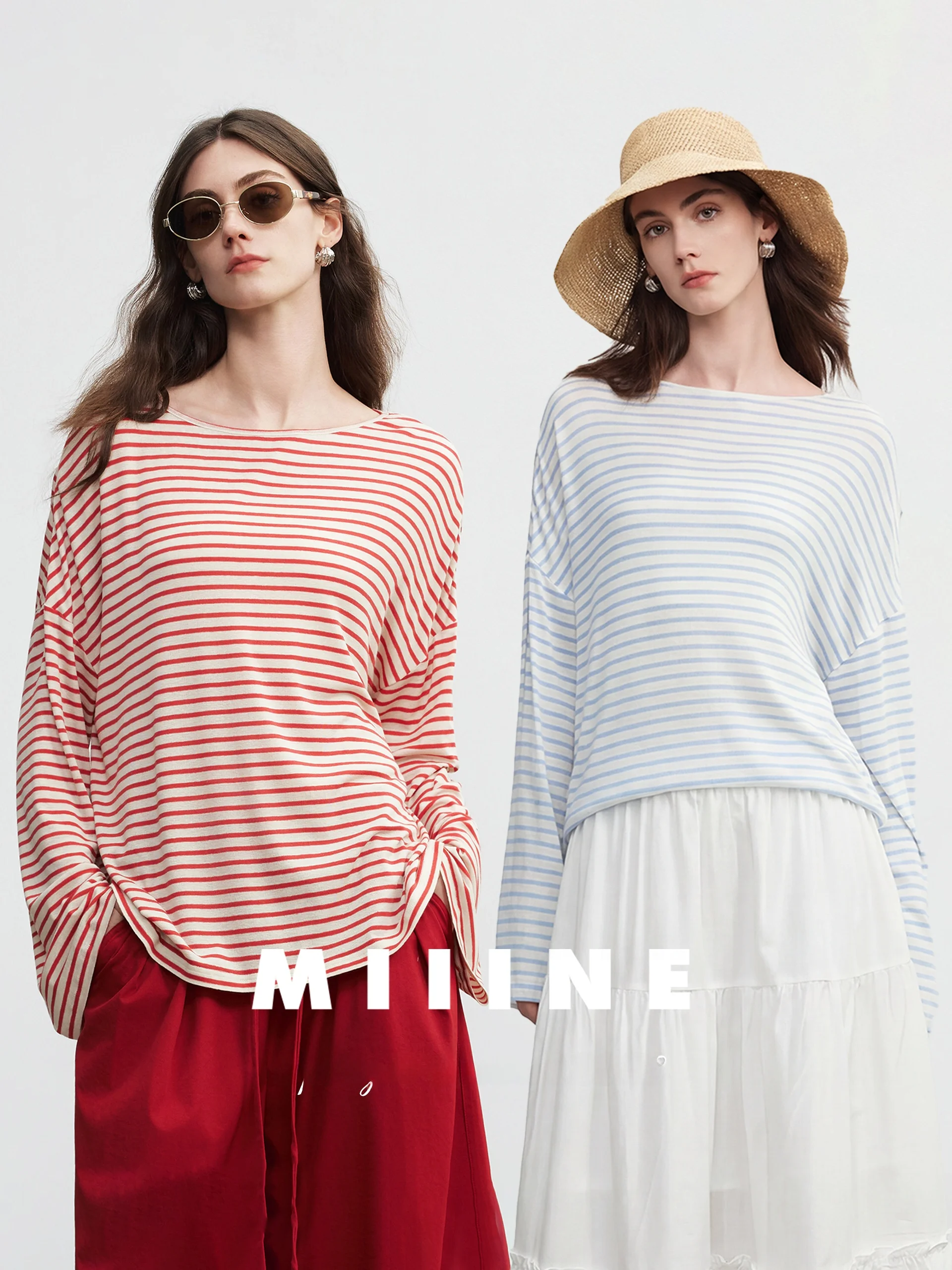 

Miiine Long Sleeve T-Shirt Breathable Casual Loose Lightweight Striped Lyocell Linen Versatile Cover up UV Protection