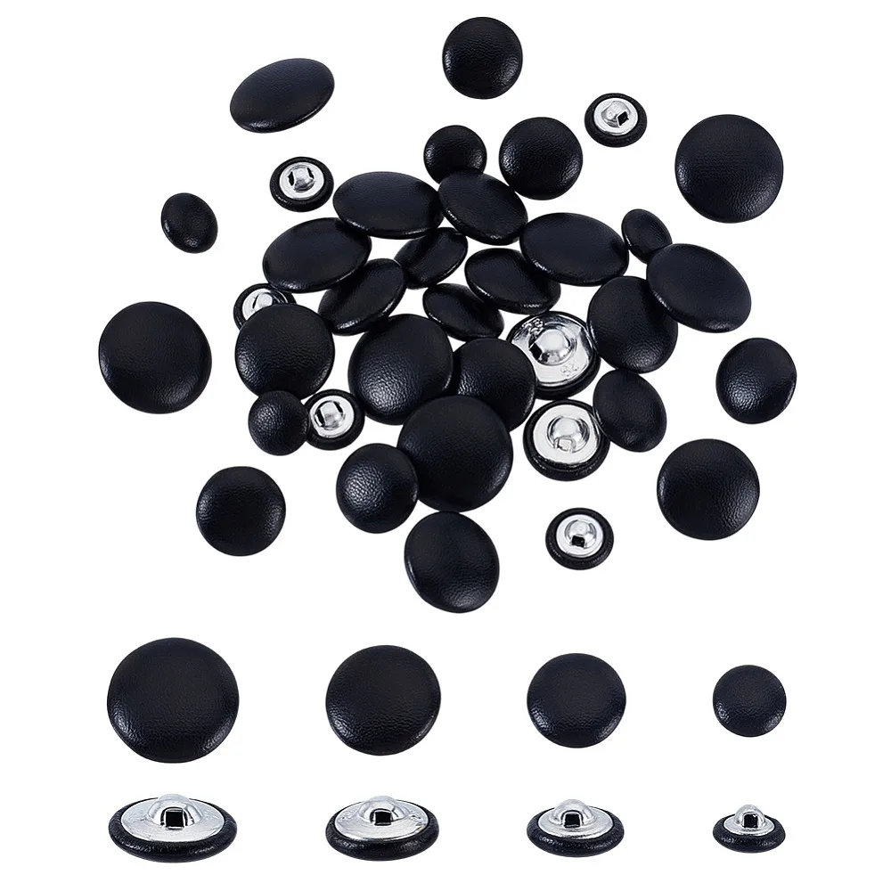 40Pcs 4 Styles 1-Hole PU Leather Buttons with Aluminium Findings Mushroom Buttons Black 11~20x7~9mm Hole: 1.6~2mm 10pcs/style