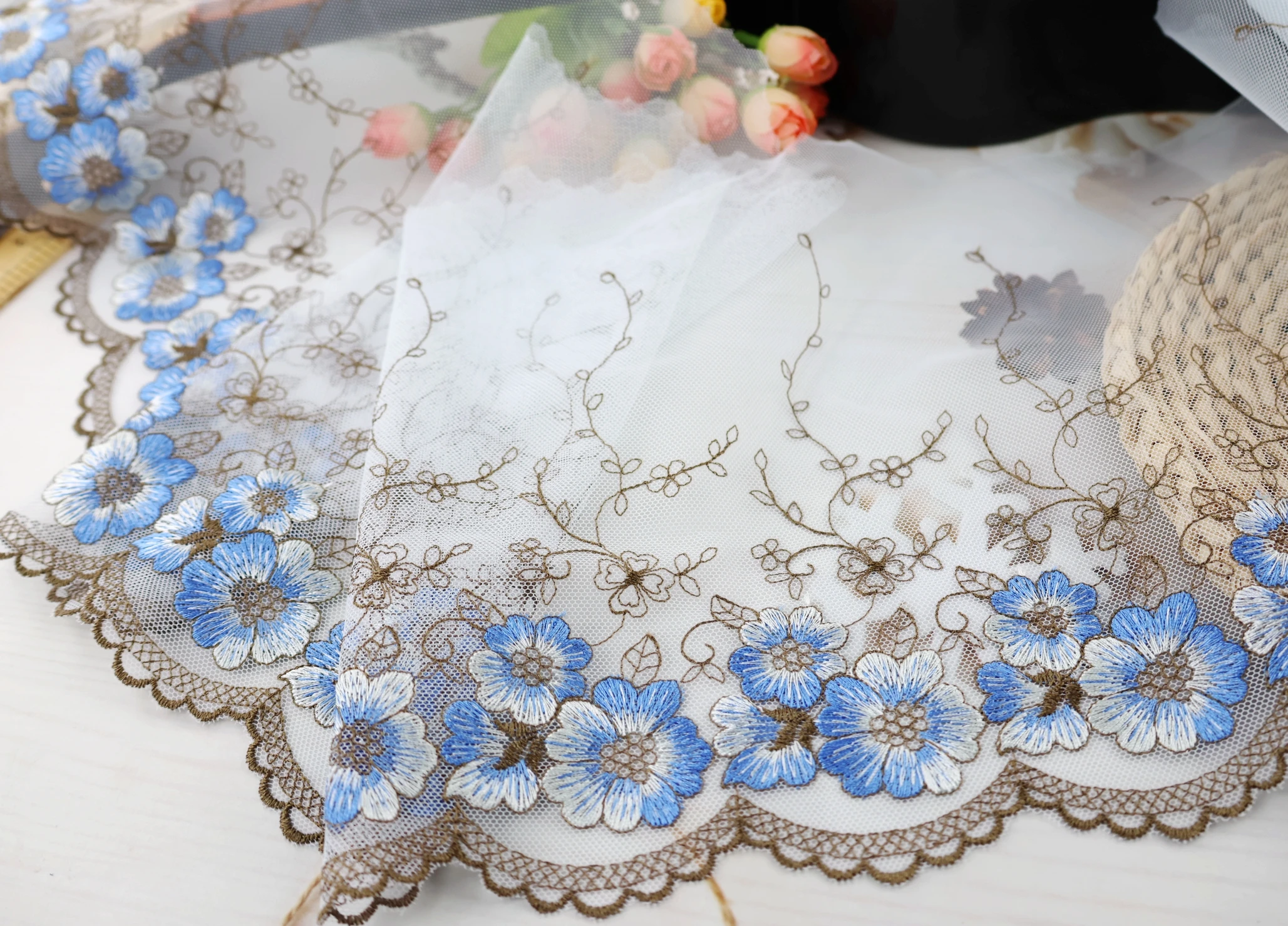 Wholesale lot 22CM wide 1yard Delicate Blue Embroidered flower tulle Lace Trim sewing Craft DIY Trimming Decor