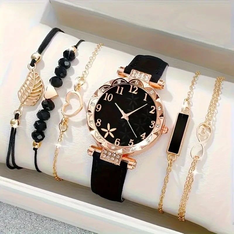 6PCS/Set Popular Women Quartz Watch Set Diamond Decorated Leather Belt Bracelet Stylish MultiFunctional Watchwrist Student Gifts