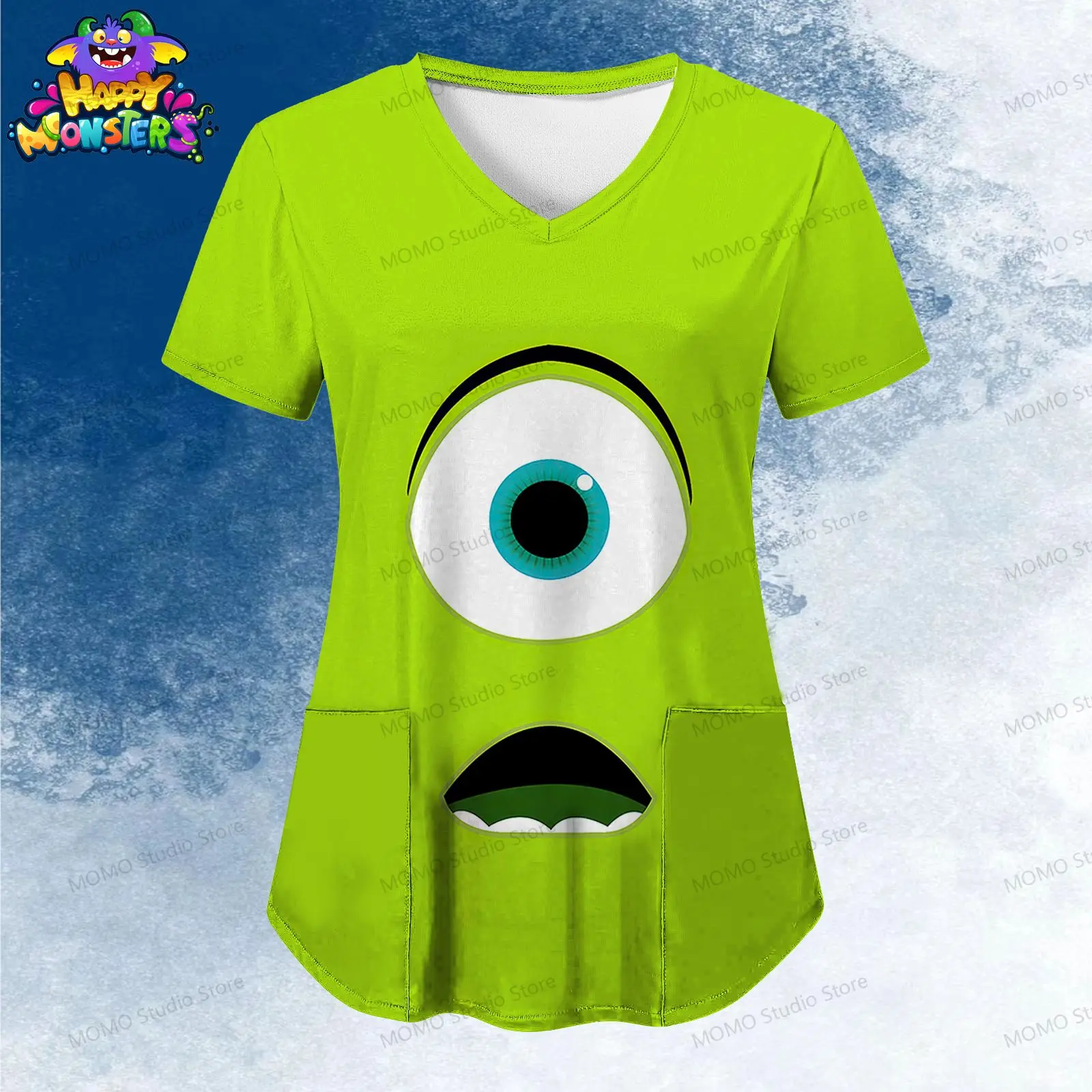 

Women's V Neck Nurse Uniform T-Shirt Pocket Disney Monsters Inc. 2025 Summer Kawaii Leisure Tops Youthful Woman Clothes Y2k 2024
