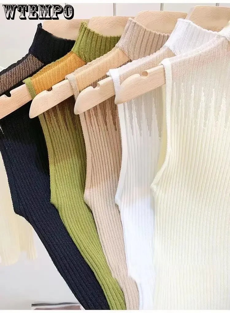 WTEMPO Women Slim Knitted Vests Summer Female Sheer Turtleneck Sleeveless Solid Stretch Camis Tank Tops