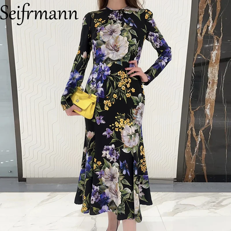 Seifrmann 2026 Summer Women's New Fashionable Round Neck Long Sleeve Silk Printed Waist cinching Fish Tail Dress