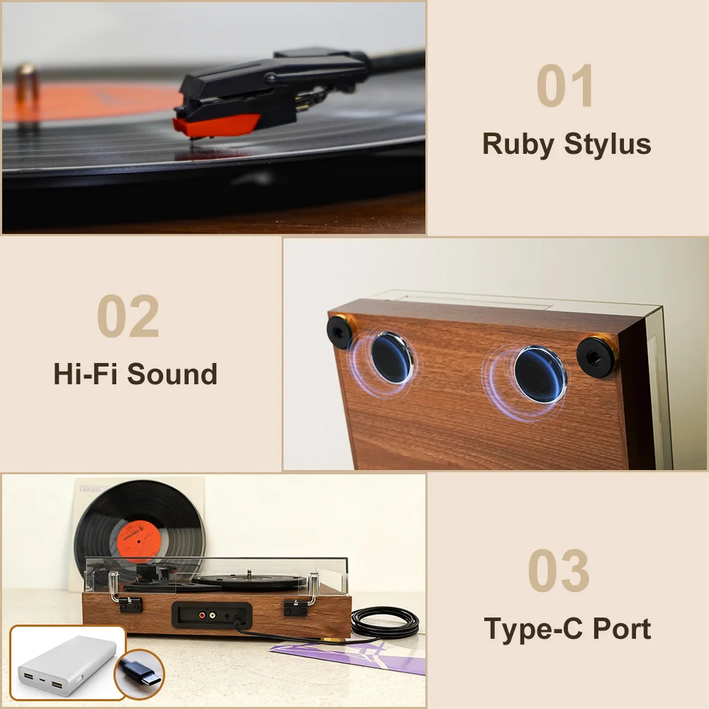 Vintage Wooden Turntable BT5.0+ Aux Input 3-Speed Vinyl Record Player with Built-in Speaker for Gift - view 5